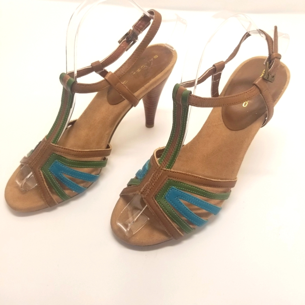 Bandolino Woman Sz 8 Slingback Ankle T Strap Tan Green Sandal Open Toe High Heel